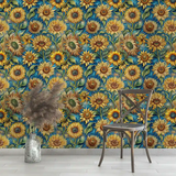 Teal Yellow Sunflower Wallpaper – Vibrant Peel-and-Stick Bedroom Living Room Design