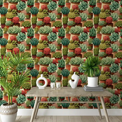Green Terracotta Succulent Wallpaper – Natural Peel-and-Stick Bedroom Living Room