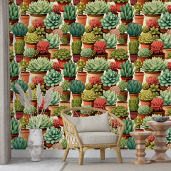 Green Terracotta Succulent Wallpaper – Natural Peel-and-Stick Bedroom Living Room