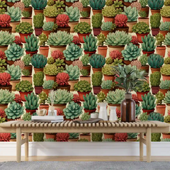Green Terracotta Succulent Wallpaper – Natural Peel-and-Stick Bedroom Living Room