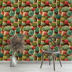 Green Terracotta Succulent Wallpaper – Natural Peel-and-Stick Bedroom Living Room