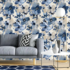 Blue Watercolor Floral Wallpaper – Abstract Botanical Peel-and-Stick Bedroom Design