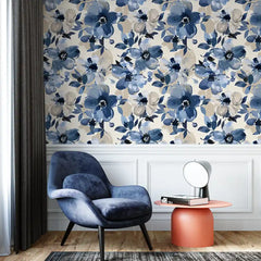 Blue Watercolor Floral Wallpaper – Abstract Botanical Peel-and-Stick Bedroom Design