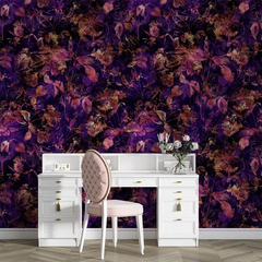 Deep Purple Botanical Wallpaper – Dramatic Peel-and-Stick Bedroom Accent Wall Design