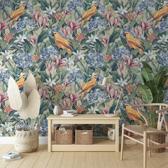 Golden Parrot Botanical Wall Mural – Peel-and-Stick Large Bedroom Living Room Design