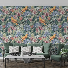 Golden Parrot Botanical Wall Mural – Peel-and-Stick Large Bedroom Living Room Design