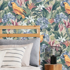 Golden Parrot Botanical Wall Mural – Peel-and-Stick Large Bedroom Living Room Design