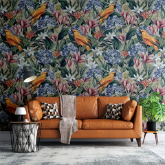 Golden Parrot Botanical Wall Mural – Peel-and-Stick Large Bedroom Living Room Design