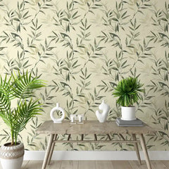Soft Neutral Bamboo Leaf Zen Wallpaper – Minimal Natural Peel-and-Stick Design
