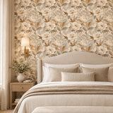 Beige and Gold Floral Wallpaper – Elegant Peel-and-Stick Bedroom Wall Design