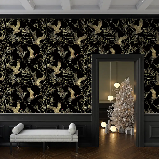 Black and Gold Crane Wallpaper – Dramatic Elegant Peel-and-Stick Bedroom Design