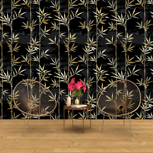 Black and Gold Bamboo Wallpaper – Luxury Asian Peel-and-Stick Bedroom Design