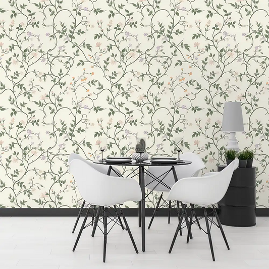 Ivory Botanical Vine Wallpaper – Elegant Peel-and-Stick Bedroom Living Room Design
