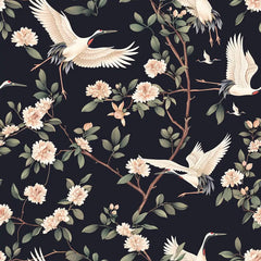 Black Crane Bird Floral Branch Wallpaper – Asian Botanical Peel-and-Stick Design