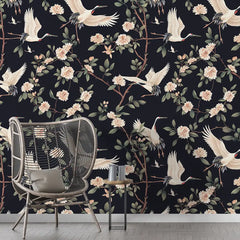 Black Crane Bird Floral Branch Wallpaper – Asian Botanical Peel-and-Stick Design