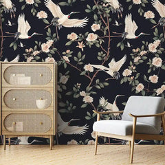 Black Crane Bird Floral Branch Wallpaper – Asian Botanical Peel-and-Stick Design