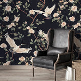 Black Crane Bird Floral Branch Wallpaper – Asian Botanical Peel-and-Stick Design