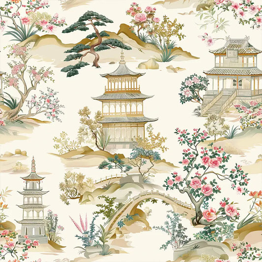 Beige Chinoiserie Landscape Wallpaper β Pagoda Garden Peel-and-Stick Elegant Design