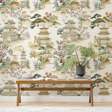 Beige Chinoiserie Landscape Wallpaper – Pagoda Garden Peel-and-Stick Elegant Design