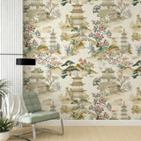 Beige Chinoiserie Landscape Wallpaper – Pagoda Garden Peel-and-Stick Elegant Design