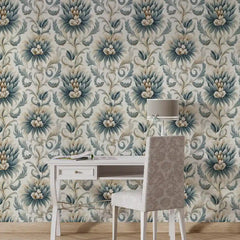 Vintage Blue Floral Damask Wallpaper – Classic Elegant Peel-and-Stick Bedroom Design