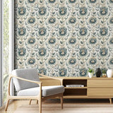 Vintage Blue Floral Damask Wallpaper – Classic Elegant Peel-and-Stick Bedroom Design