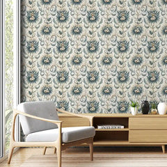 Vintage Blue Floral Damask Wallpaper – Classic Elegant Peel-and-Stick Bedroom Design