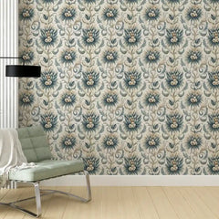 Vintage Blue Floral Damask Wallpaper – Classic Elegant Peel-and-Stick Bedroom Design