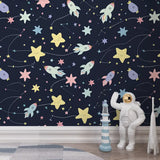 Rocket Star Wallpaper – Space Kids Room Boys Room Peel-and-Stick Removable Design