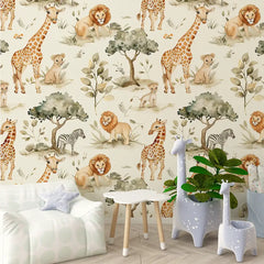 Cute Safari Animal Wallpaper – Nursery Kids Room Peel-and-Stick Removable Design