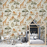 Cute Safari Animal Wallpaper – Nursery Kids Room Peel-and-Stick Removable Design