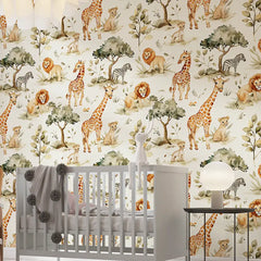Cute Safari Animal Wallpaper – Nursery Kids Room Peel-and-Stick Removable Design