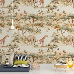 Neutral Safari Wallpaper – Calm Beige Peel-and-Stick Kids Nursery Design