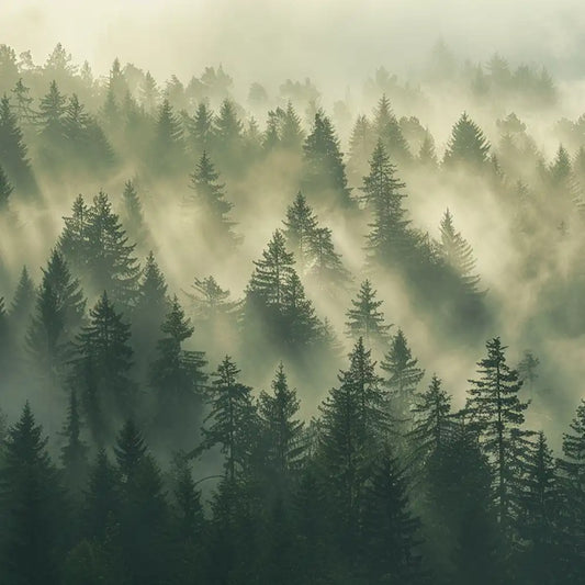 Forest green pine tree nature peel-and-stick large wall mural for still bedroom design