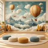 Adventure nursery wall mural with hot air balloons and mountains in a playroom