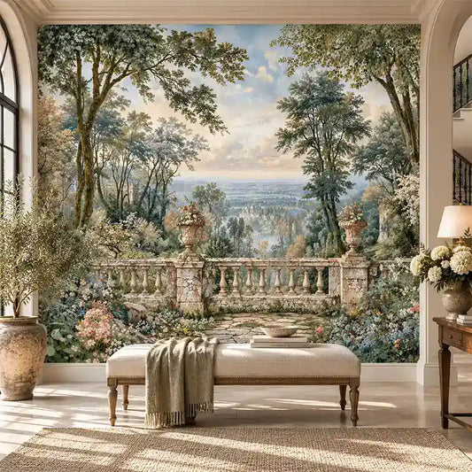 Antique European garden landscape wall mural with stone balustrade in a hallway