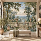 Antique European garden landscape wall mural with stone balustrade in a hallway