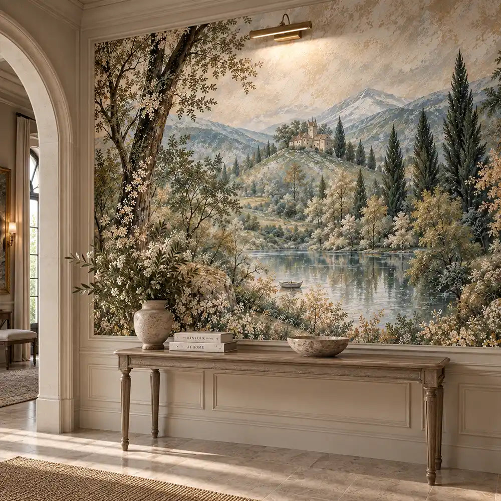 Arched hallway with console table and a vintage botanical landscape wall mural