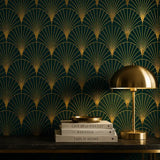 Geometric fan wallpaper in dusty rose colorway, feminine art deco bedroom accent