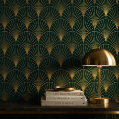 Geometric fan wallpaper in dusty rose colorway, feminine art deco bedroom accent