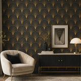 Art deco fan removable wallpaper sample showing scale tile and color combination