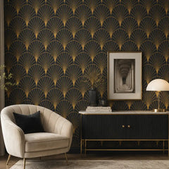 Art deco fan removable wallpaper sample showing scale tile and color combination