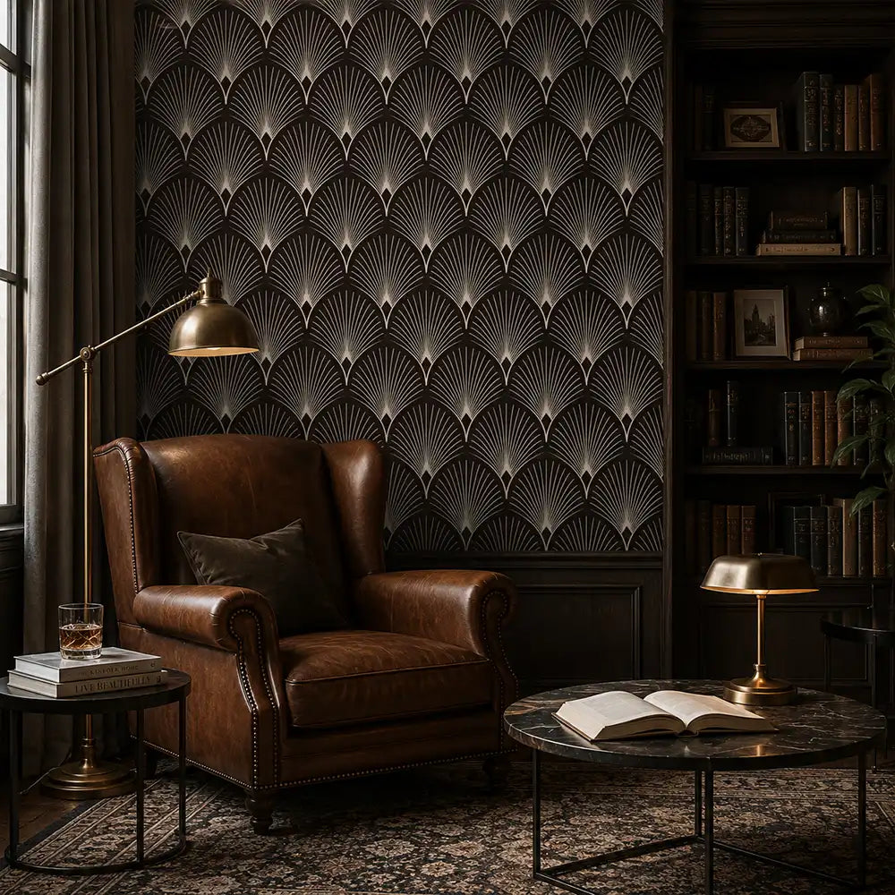 Geometric fan pattern wallpaper full wall view, art deco bedroom accent installation