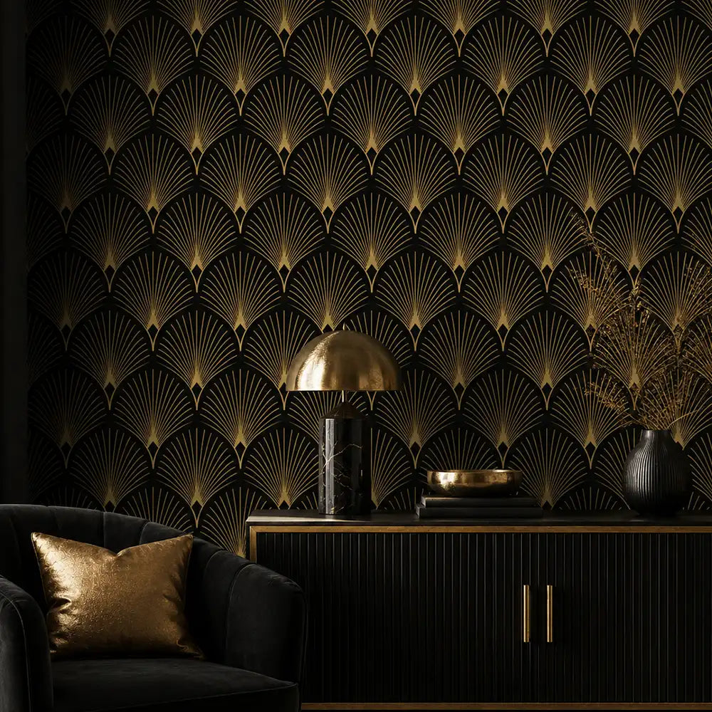 Peel-and-stick art deco wallpaper in navy and gold, luxurious dining room accent wall