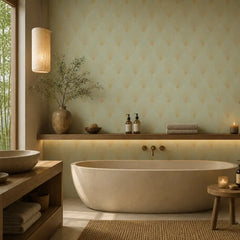 Art deco fan wallpaper in rose gold and cream, glamorous bedroom styling detail