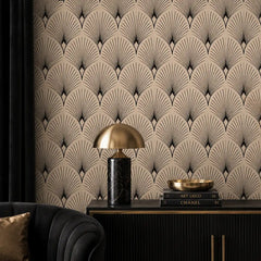 Art deco fan wallpaper in sage green colorway, elegant living room feature wall