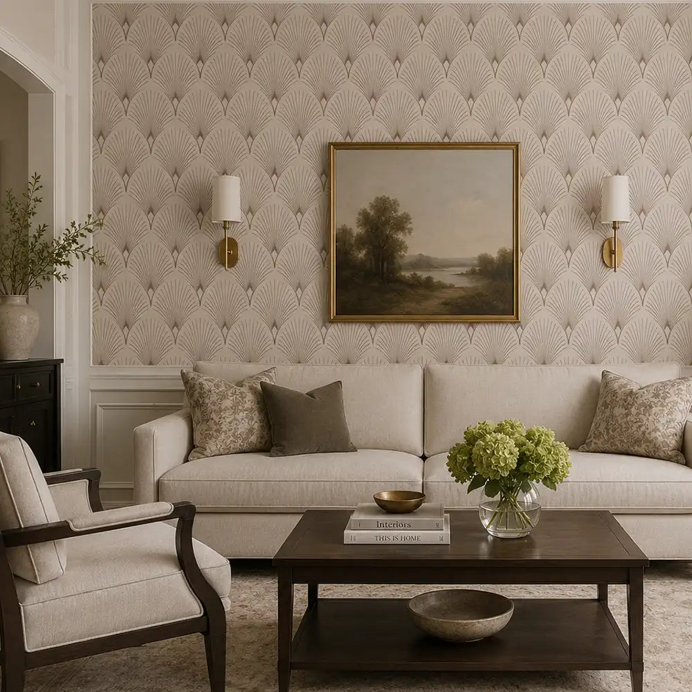 Removable geometric wallpaper sample tile showing fan pattern scale reference
