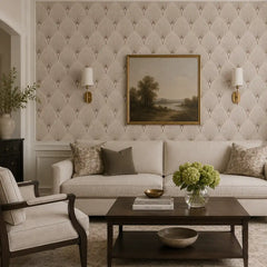 Removable geometric wallpaper sample tile showing fan pattern scale reference