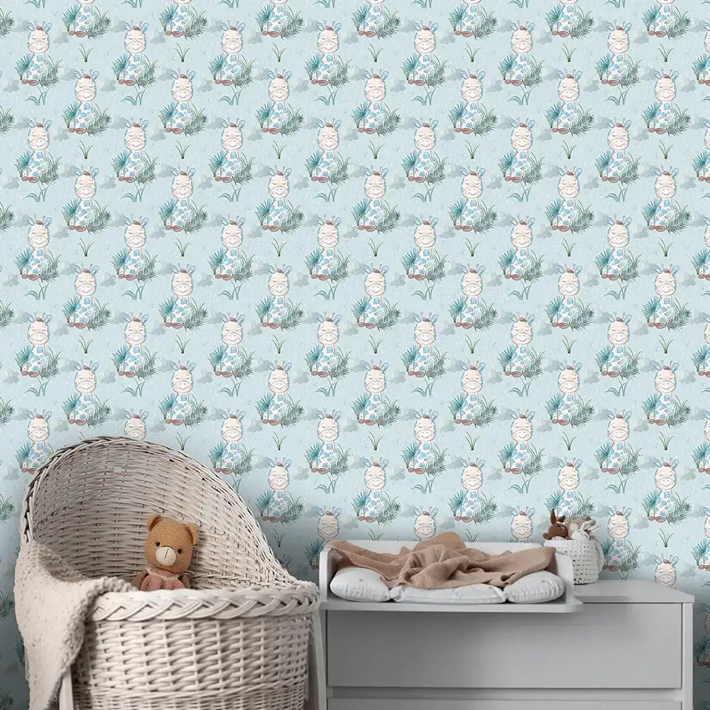 Baby giraffe rainy jungle kids room nursery wallpaper creates a fun theme.