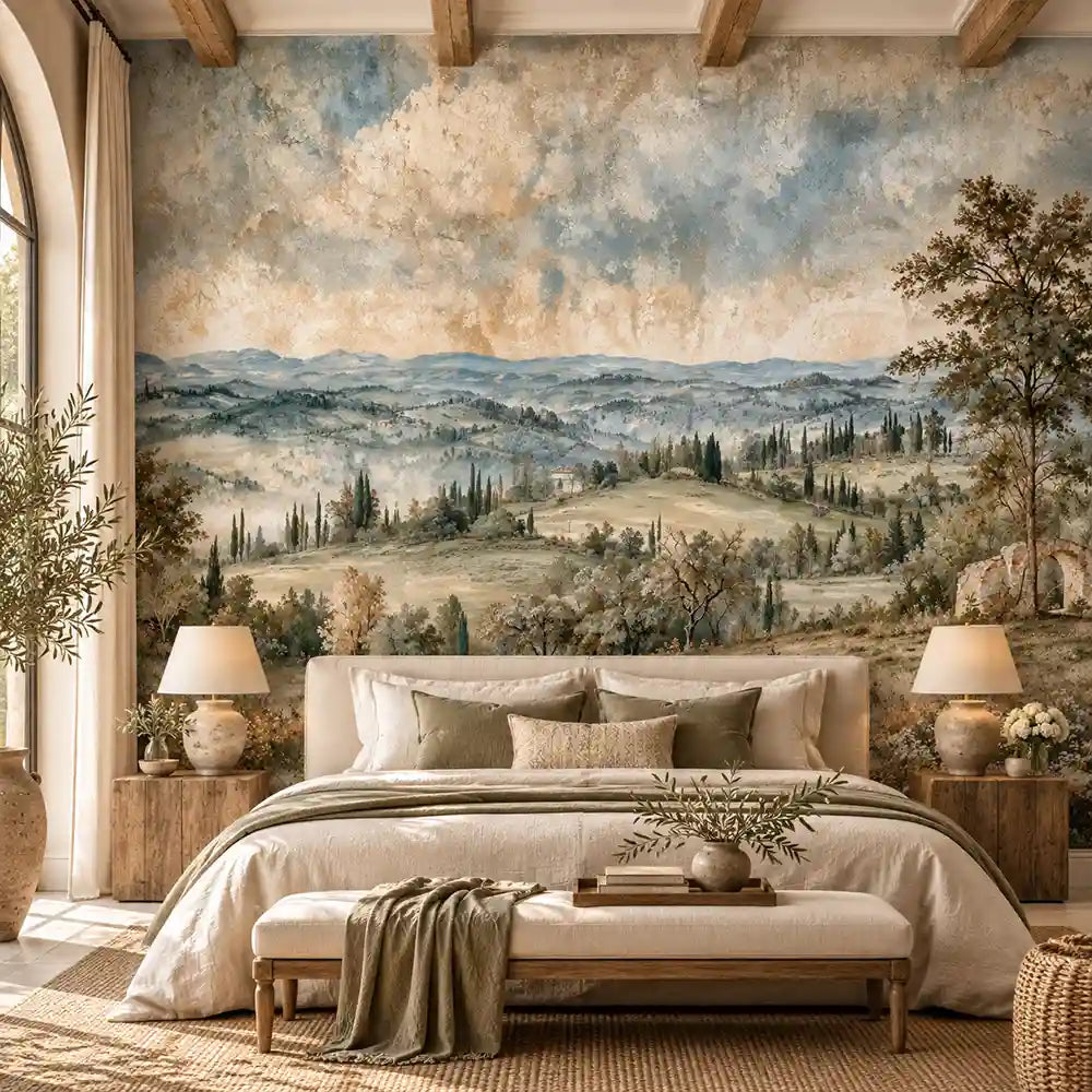 Bedroom with wood beams and a vintage Tuscan landscape accent wall mural